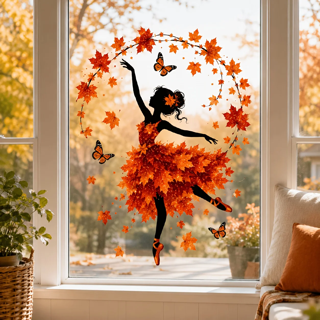 1Pc Window Films, Autumnal Decor - Maple Leaf Dancer Ballerina Silhouette, Static Cling Double Sided Glue Free, Glass Window