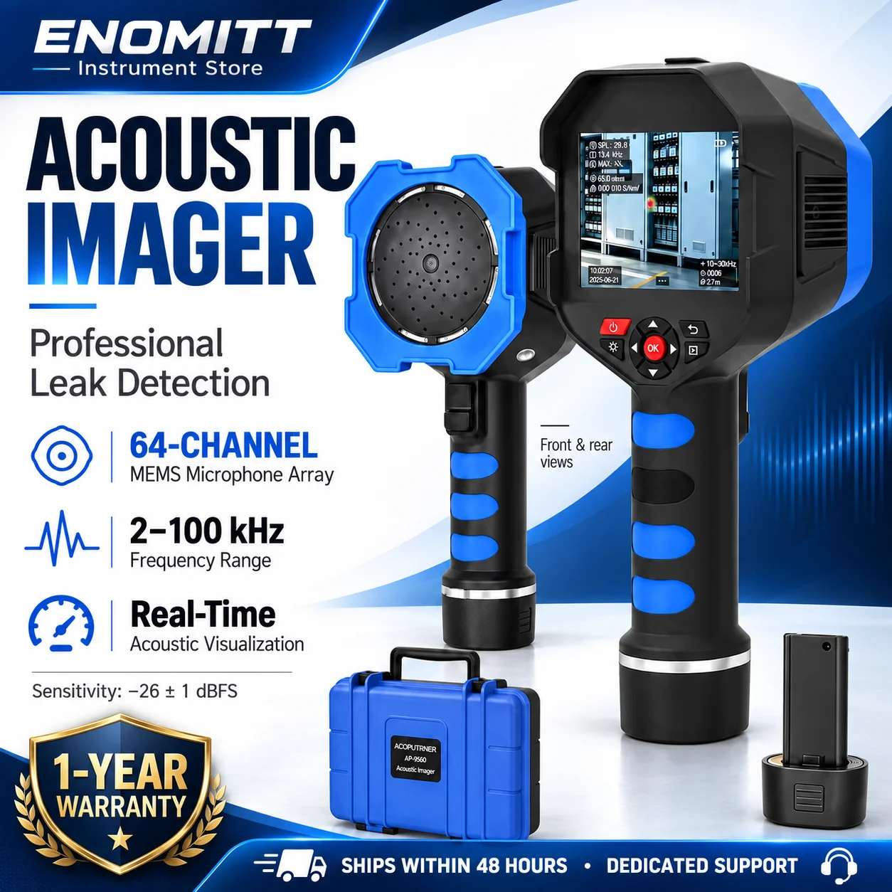 12MP Acoustic Imaging Camera - Ultrasonic Leak Detector HP-956D 64-channel MEMS Microphone Array,2-100kHz Range for Compressed