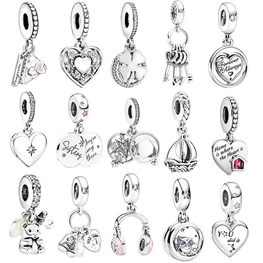 Pendant Four Leaf Clover Key Sailboat Shoe Pink Earphones Beads Fit Original 925 Sterling Silver Bracelet Charm Jewelry