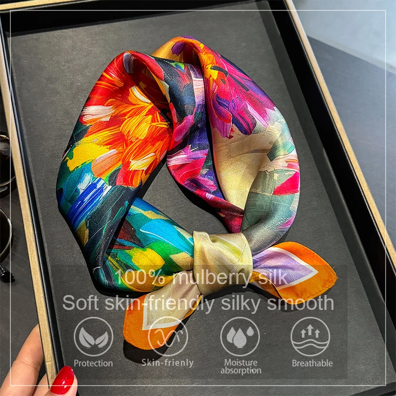 

100% Silk Scarf Bandana Women Square Scarves Wrap Kerchief Green Mulberry Silk Kerchief Fashion Luxury Headband Hijab Hairband