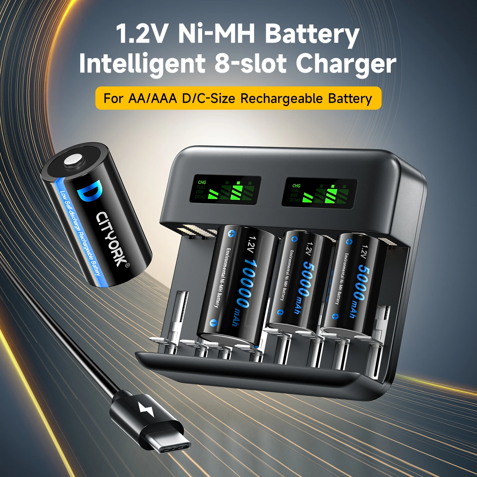 CITYORK 1.2V LR20 D Size Rechargeable Battery 10000mAh Type D R20 NIMH Battery + LCD Smart Charger for AA AAA C D 9V Batteries