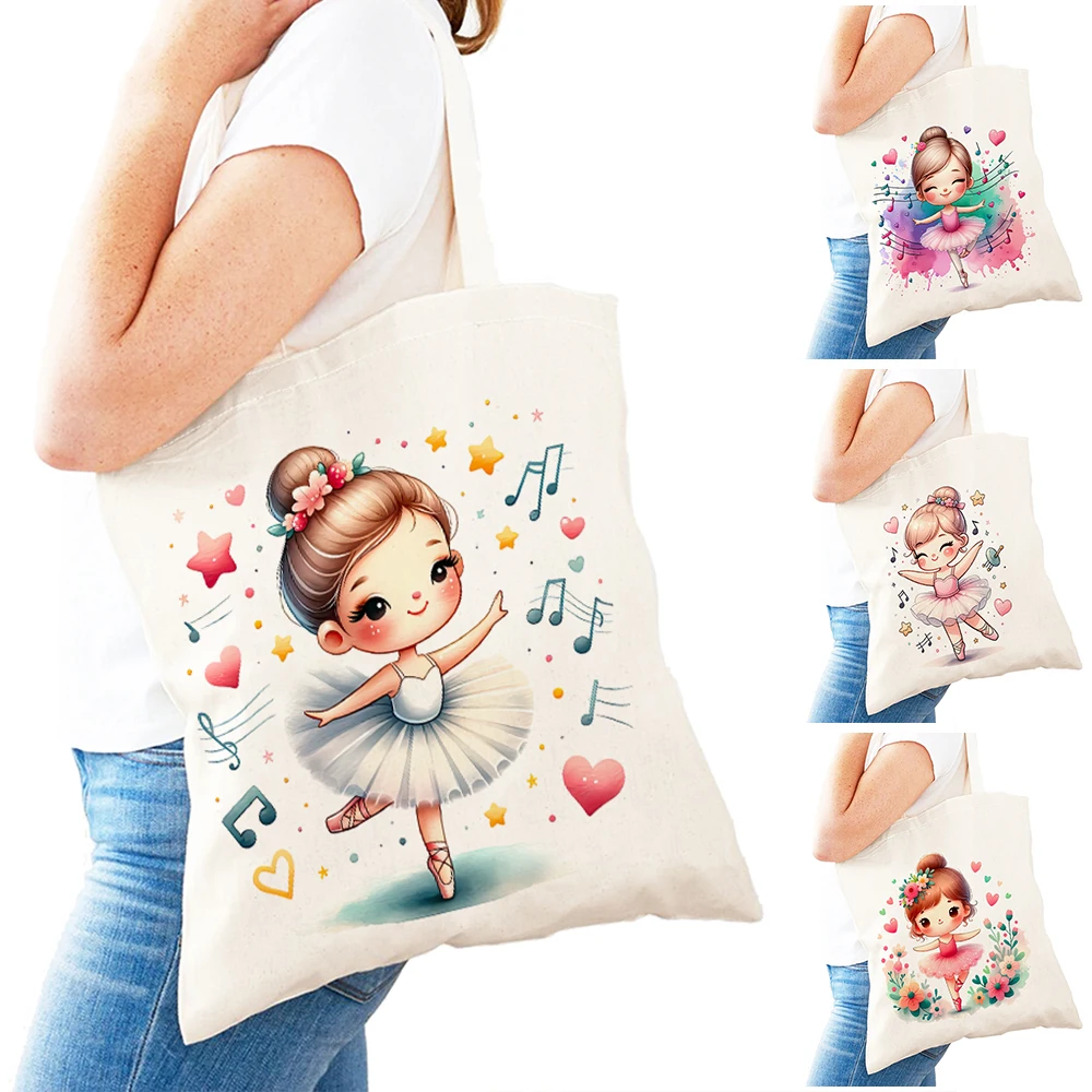 Cute Cartoon Ballet Girl Shopper Bag  Double Print Women Shopping Bags Casual Ballerina Tote Lady Shoulder Handbag Children Gift