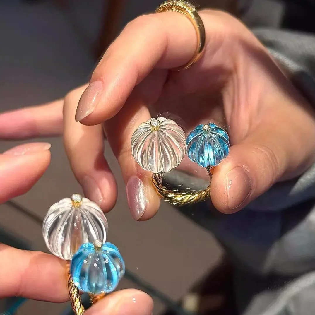2026 Fashion Trendy Crystal Pumpkin Shape Cocktail Open Rings for Ladies Blue Topaz Amethyst Citrine  Pinky Band Beaded Jewelry