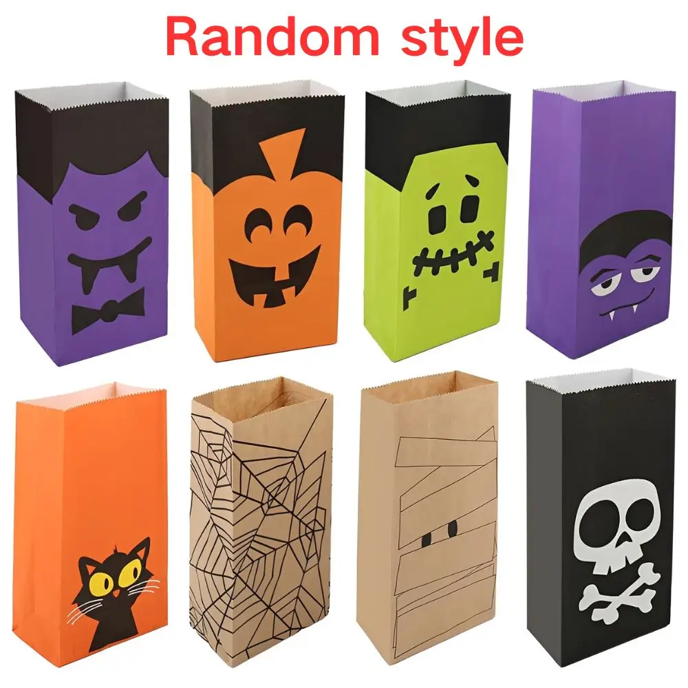 8/16/24 Stück Halloween-Kraftpapiertüten mit zufälligem Muster, Monster-Kürbis-Spinnennetz-Druck, Party-Geschenktüten YMY – Detail 6