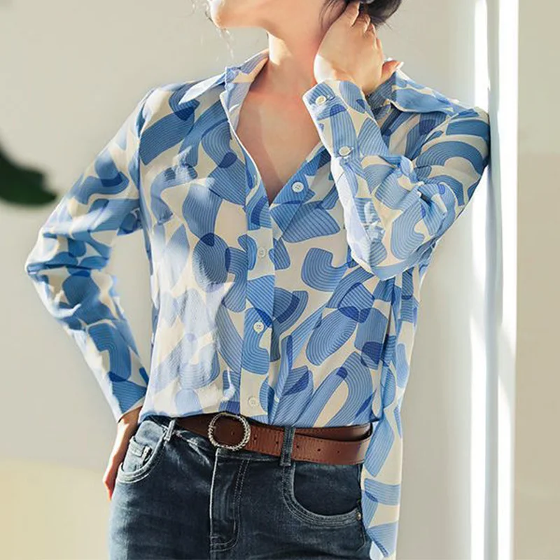 Spring Autumn Clothes for Women Blue Long Sleeved Shirt Fashionable Printing Long Sleeve Turn-down Collar Splicing Button Blouse