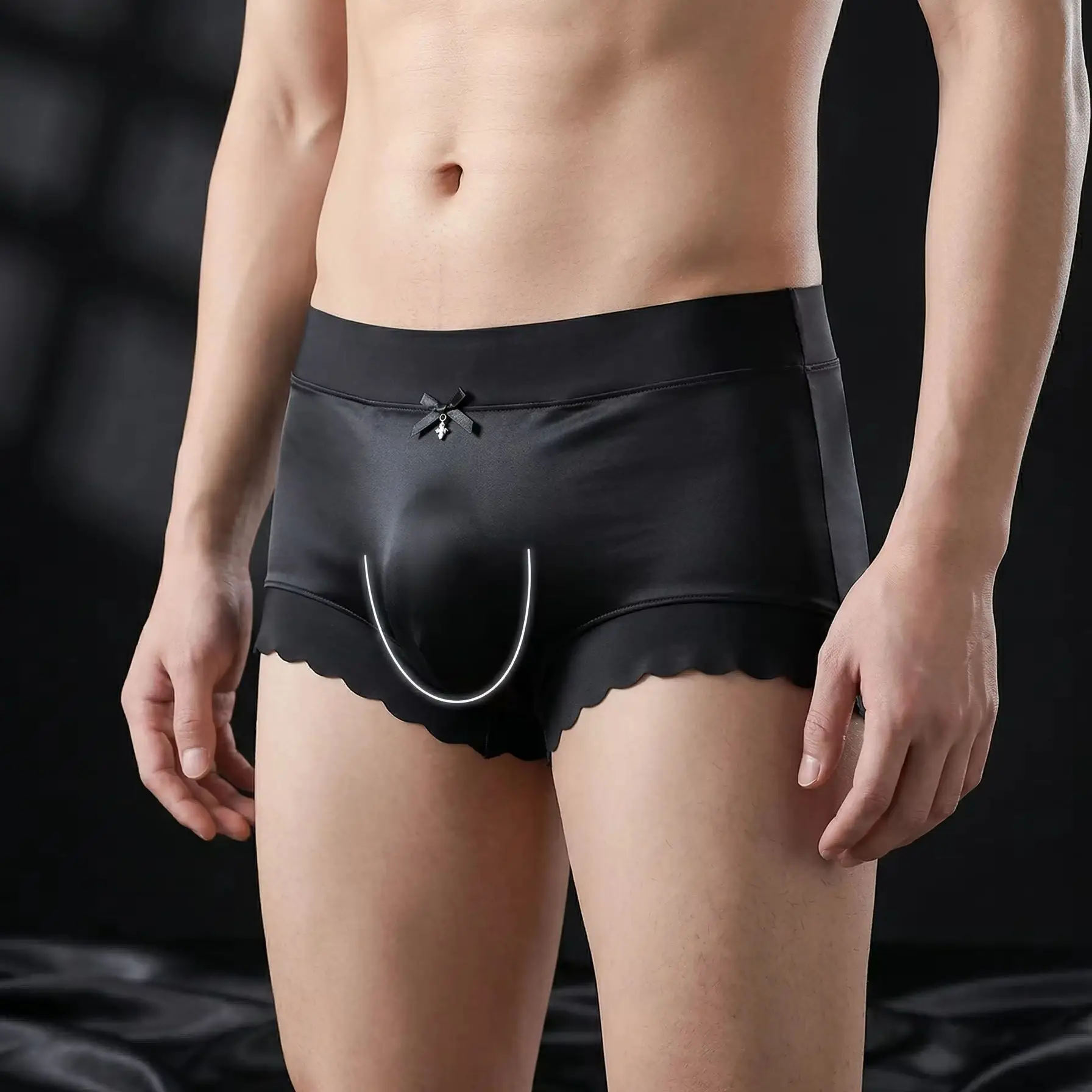 

Men's Glossy Satin Boxer Briefs with Bow Charm Scalloped Leg Opening Wide Waistband Ultra Soft Low Rise Sexy Male Underwear