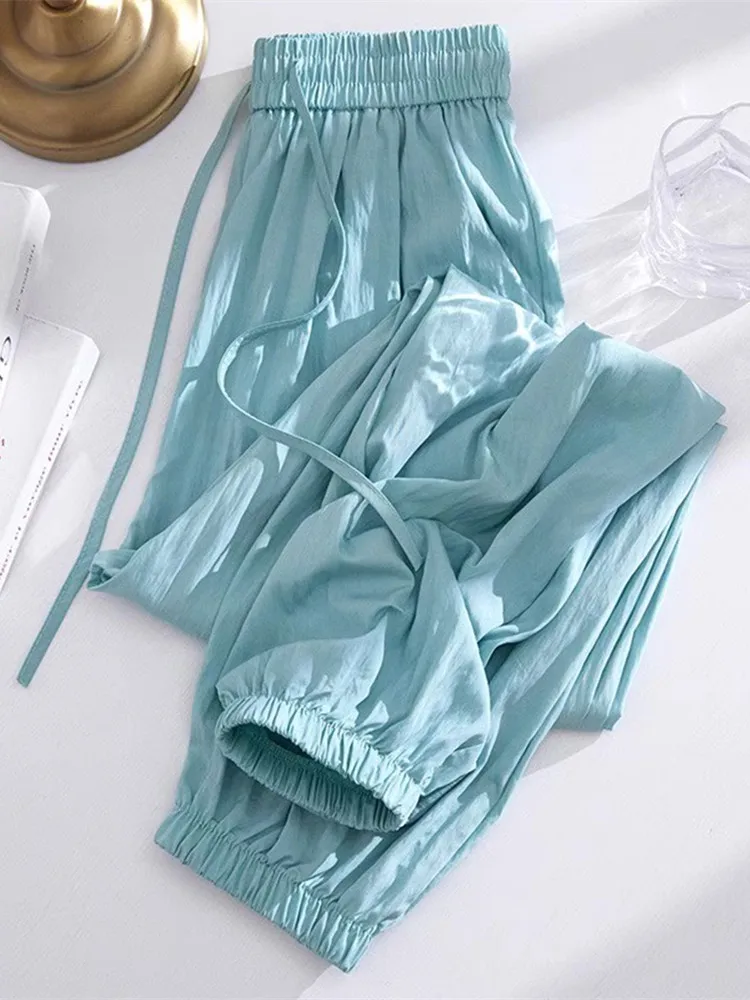 

Ледяные шелковые брюки Qui Dry, женские летние большие размеры, свободные тонкие сложенные манжеты, легкие повседневные спортивные штаны с высокой талией, девять штанов