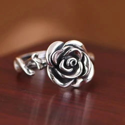 Fashion Lady S925 Ring Adjustable Vintage Relief Rose Flower Ring Women Jewelry Gift For Girlfriend