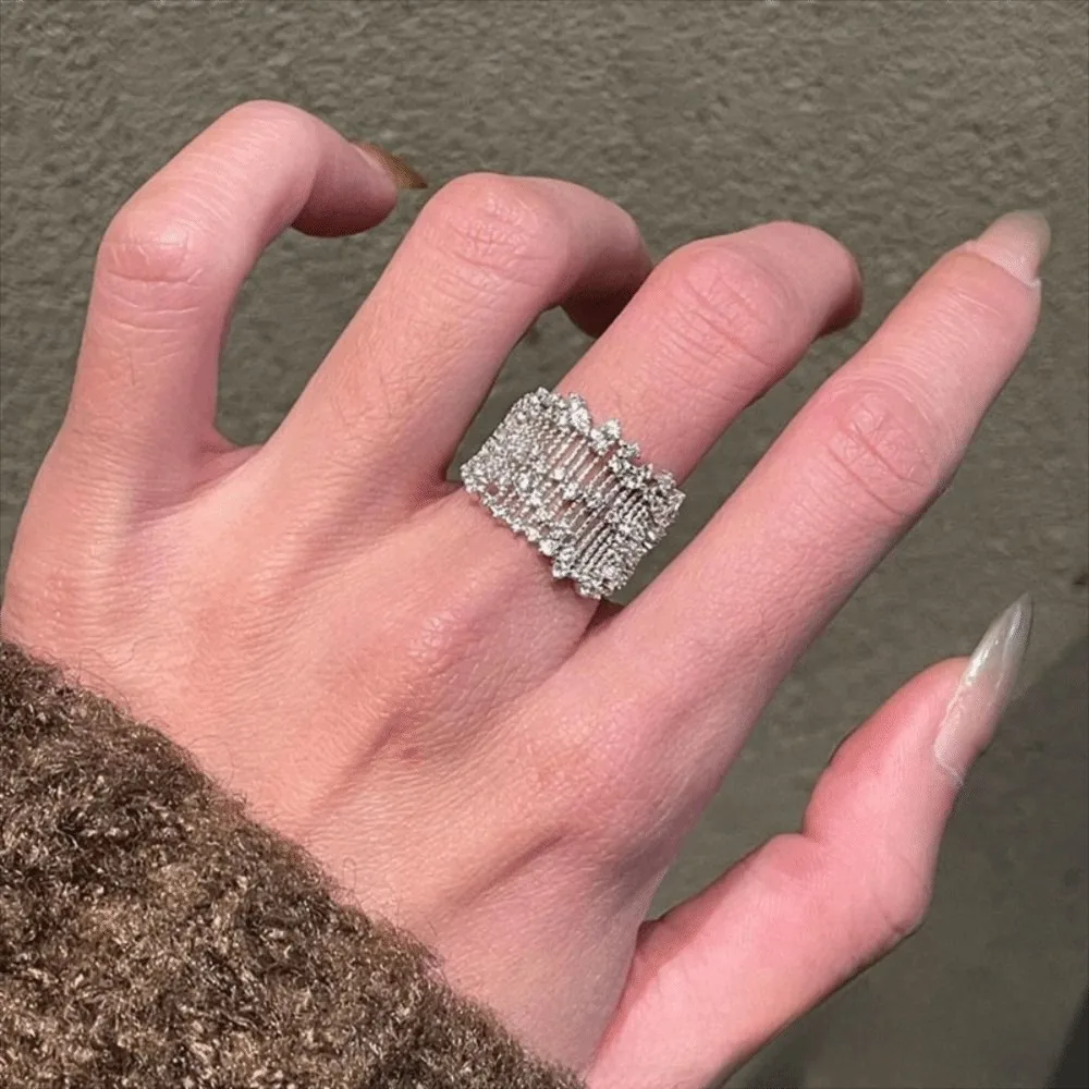 Adjustable Openwork Rhinestone Ring Rhinestone Openwork Setting Rhinestone Hollow Ring Alloy Silver Tone Finger Jewelry