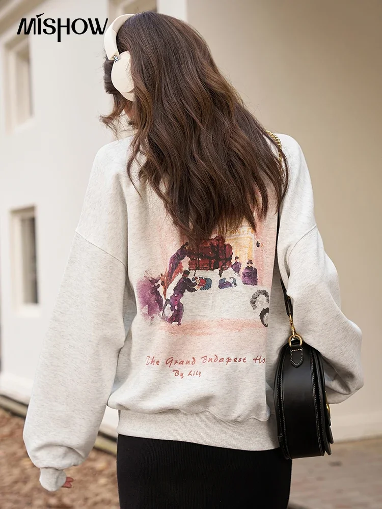 MISHOW American Retro Printing Sweater Pullovers for Women Autumn Streetwear Drop-shoulder V Neck Loose Tops MXC43V0009