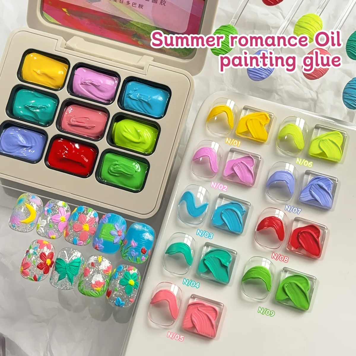 9-kleuren zomerromantiek olieverfschilderij lijm dopamine kleurpakken, duurzame vaste gelolie, hoogglans meerkleurige vaste gelolie,