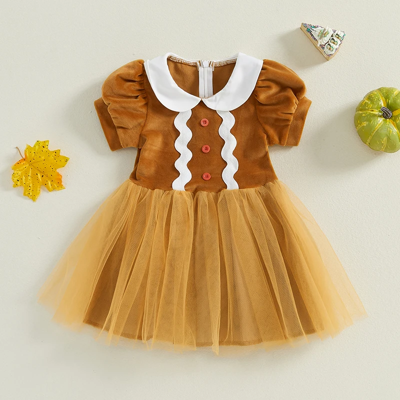 0-5Y Toddler Kids Girls Christmas Gingerbread Dress Short Sleeve Mesh Patchwork Tulle Princess Dress