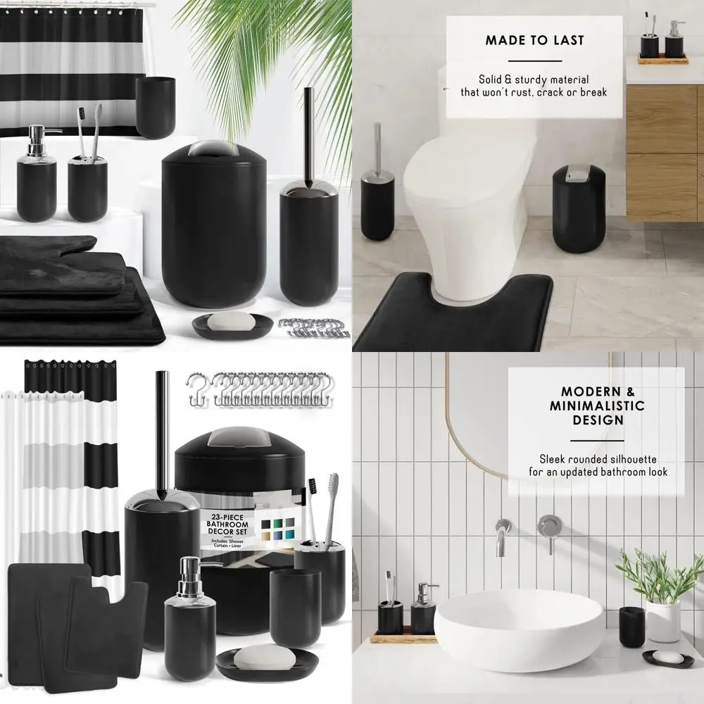 

Полный черный набор аксессуаров для ванной комнаты из 23 предметов с занавеской для душа, ковриками, дозатором мыла, щеткой для унитаза и мусорным баком