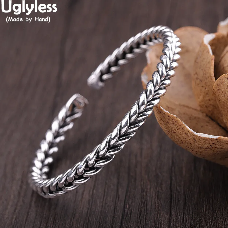 

Uglyless Designer Glossy Silver Wheat Ear Bangles for Women Twisted Personalized Creative Jewelry Real 999 Full Silver Bangles