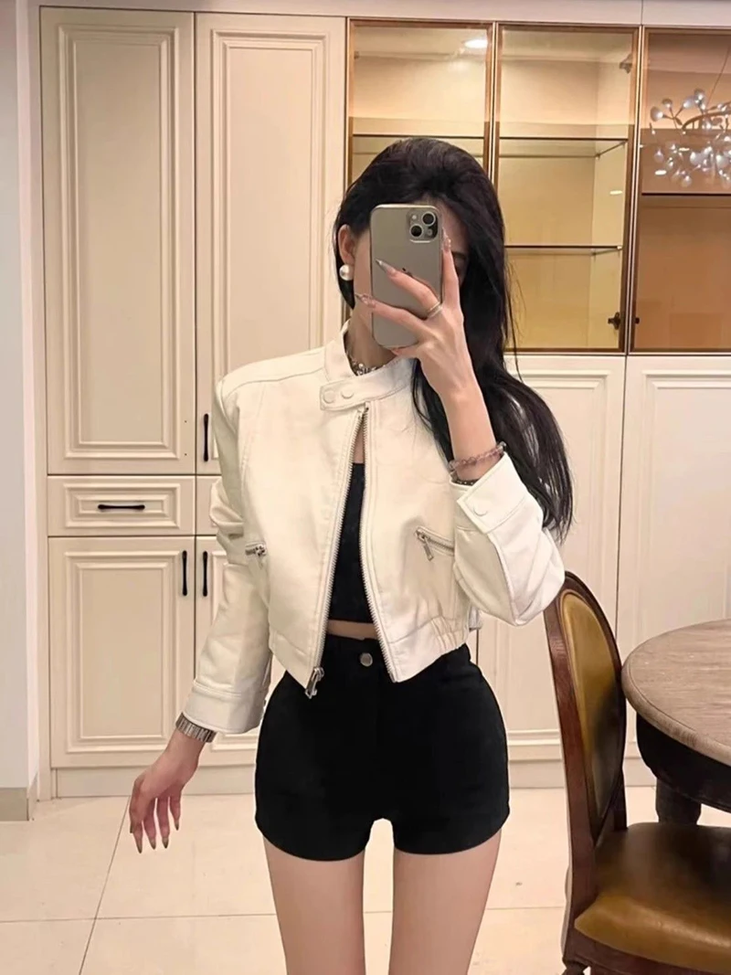 Chic Black Women Cropped Moto Jacket Zip Up Crew Neck Pockets Coat Faux Leather High Street Y2K Streetwear Winter Outwear Top