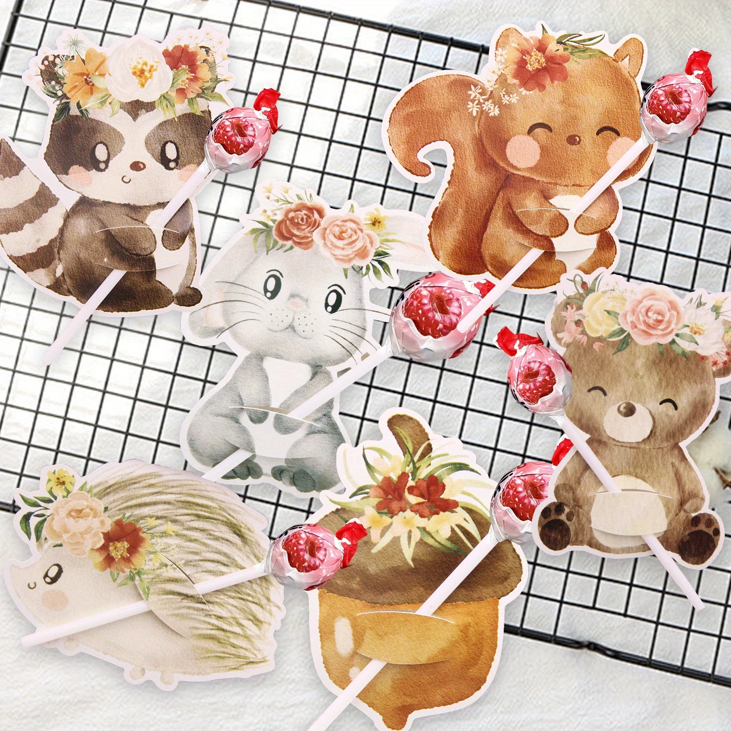 48 Uds. Piruleta de animales del bosque (con embalaje) tarjetas de dulces del bosque (con embalaje) soportes para decoración de fiesta de feliz cumpleaños