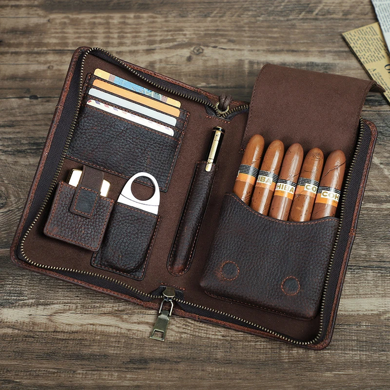 Leather Humidor 5 Piece Cigar Capacity Holder With Wrist Zipper Multi-function Travel Cigar Case