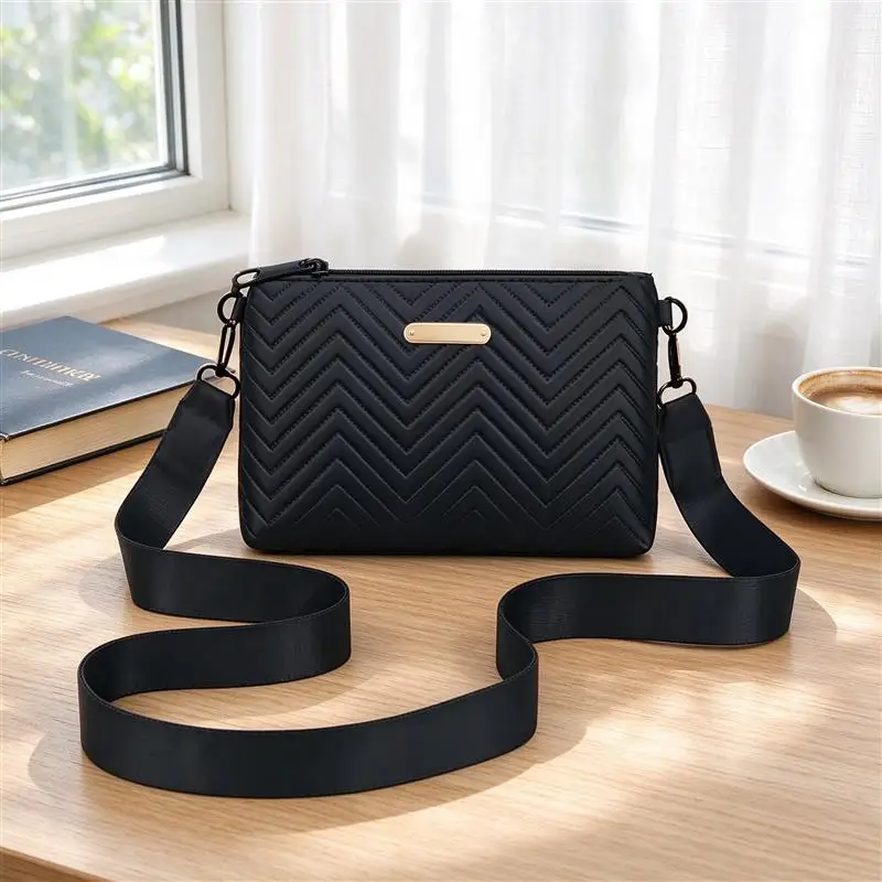 Fashion Women Wide Strap Crossbody Handbag, Chevron Embossed PU Purse, Portable Small Shoulder Bag for Daily Use