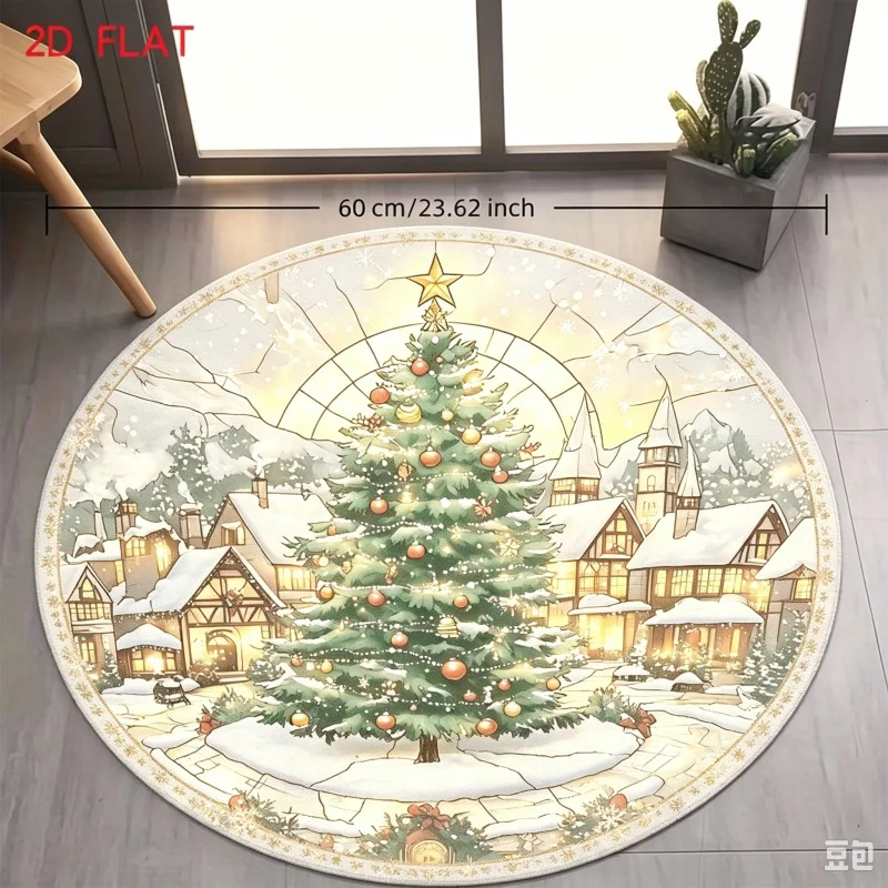 Stained‑Glass Christmas Village Round Rug,Winter Snowy Town Xmas Tree Printed Circular Floor Mat,Holiday Indoor Carpet