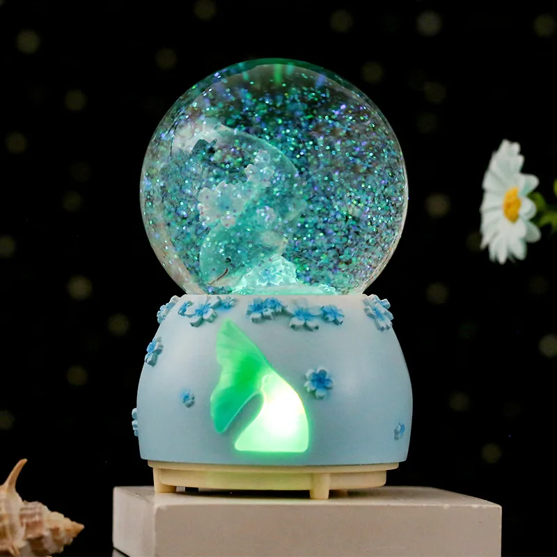 Resin Base Glass Crystal Ball Pink Transparent Whale Illumination Snow Globe With Music Children Bedroom Desktop Decor 스노우볼