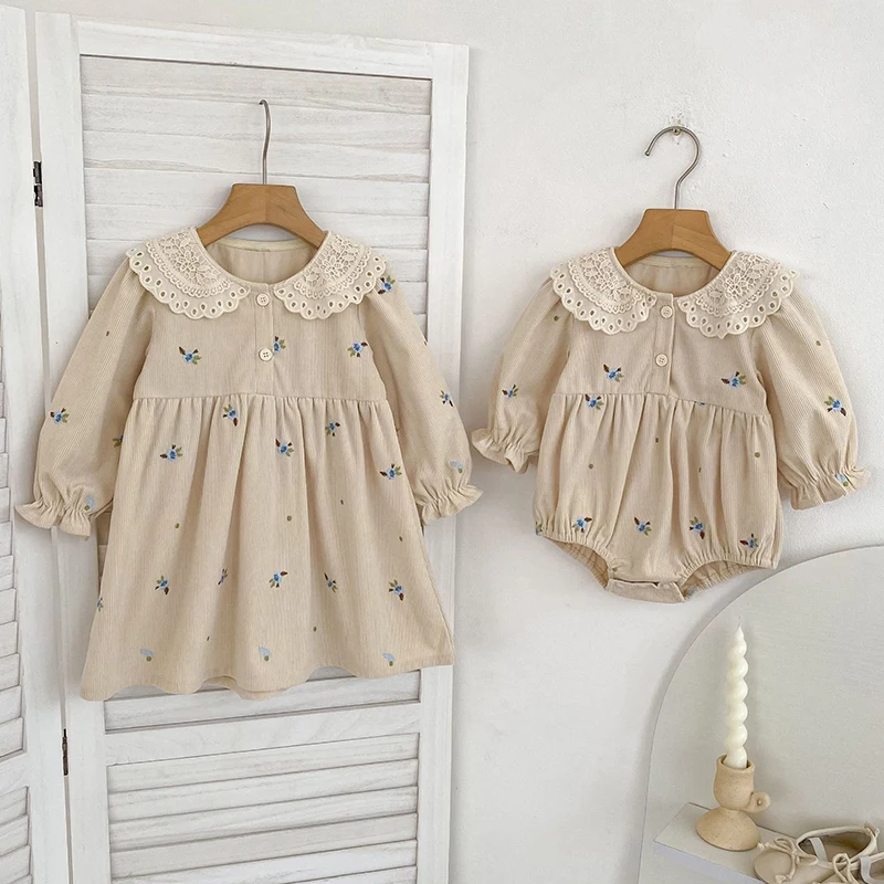 2025 New Autumn Sister Clothes 2-6Yrs Girl Party Dress Kids Princess Dresses Long Sleeves Corduroy Flower Embroidery Baby Romper