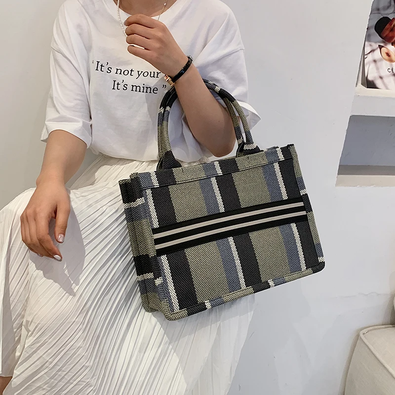 Plaid Canvas Tote Bag For Women 2022 Luxury Designer Handbag Two Sizes Foldable Large Capacity Shopper Tote Shoulder Bags Female