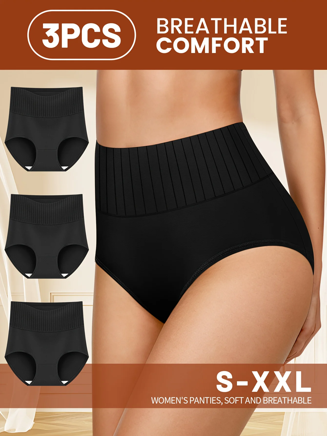 Confezione da 3 pezzi a vita alta per il controllo dell'addome, intimo a triangolo da donna, modellante, filo per il sollevamento del sedere, tessuto, stile semplice, slip giornalieri