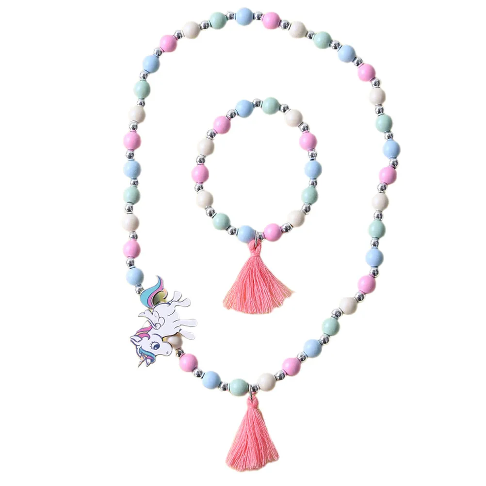 

1Set Kids Wood Beaded Necklace Bracelet Set Colorful Unicorn Pendant Cute Girls Jewelry Party Gift Kids Unicorn Necklace