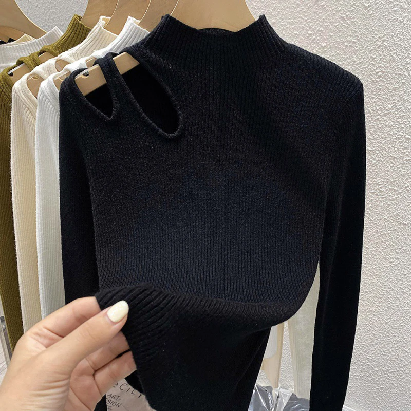 Women Slim T-shirt Tops Hollow-out Sexy Mock-neck Long Sleeve Skinny Sheathy Solid Color Black White Base Casual One Size