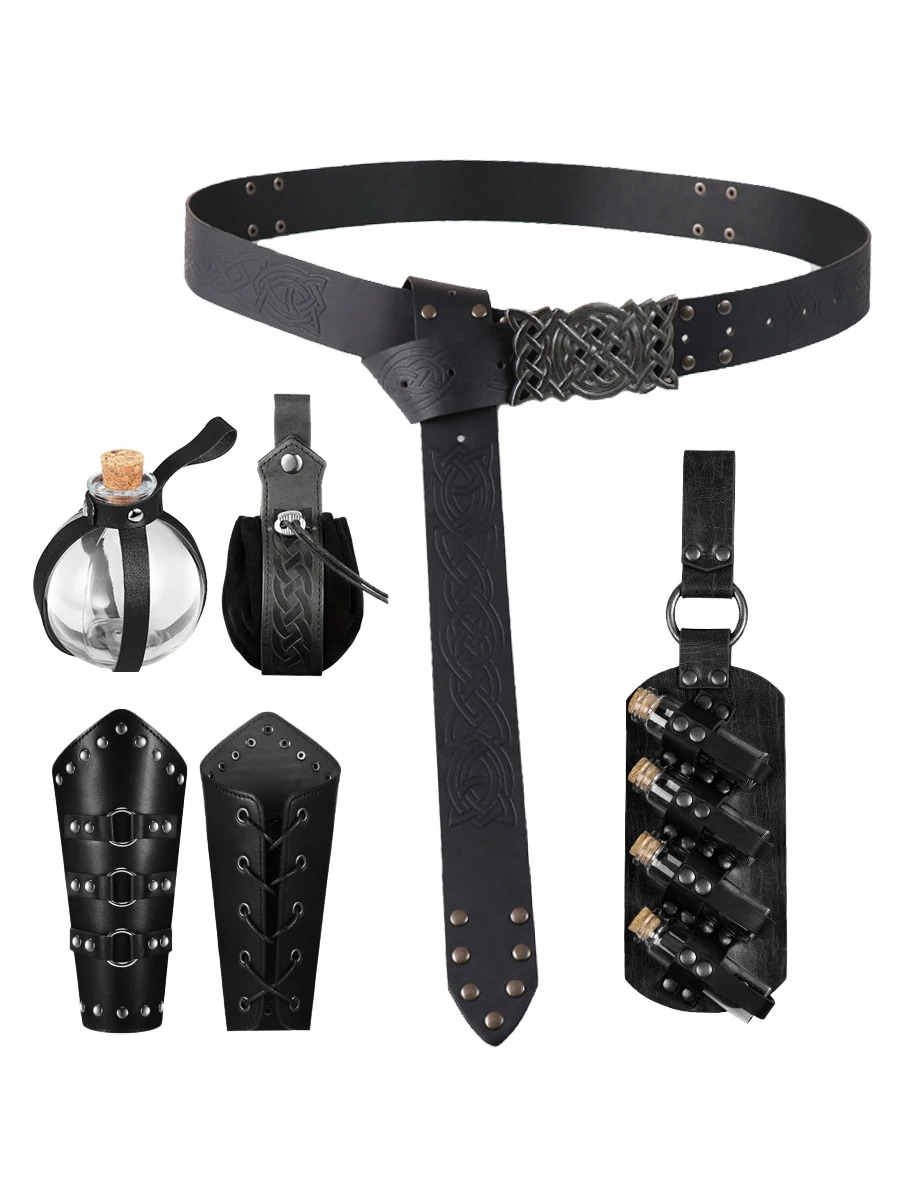 3pcs/6pcs Medieval Viking PU Leather Belt Set Wide Belt Wrist Protector Medicine Water Bottle Coin Pack Role Playing Renaissance