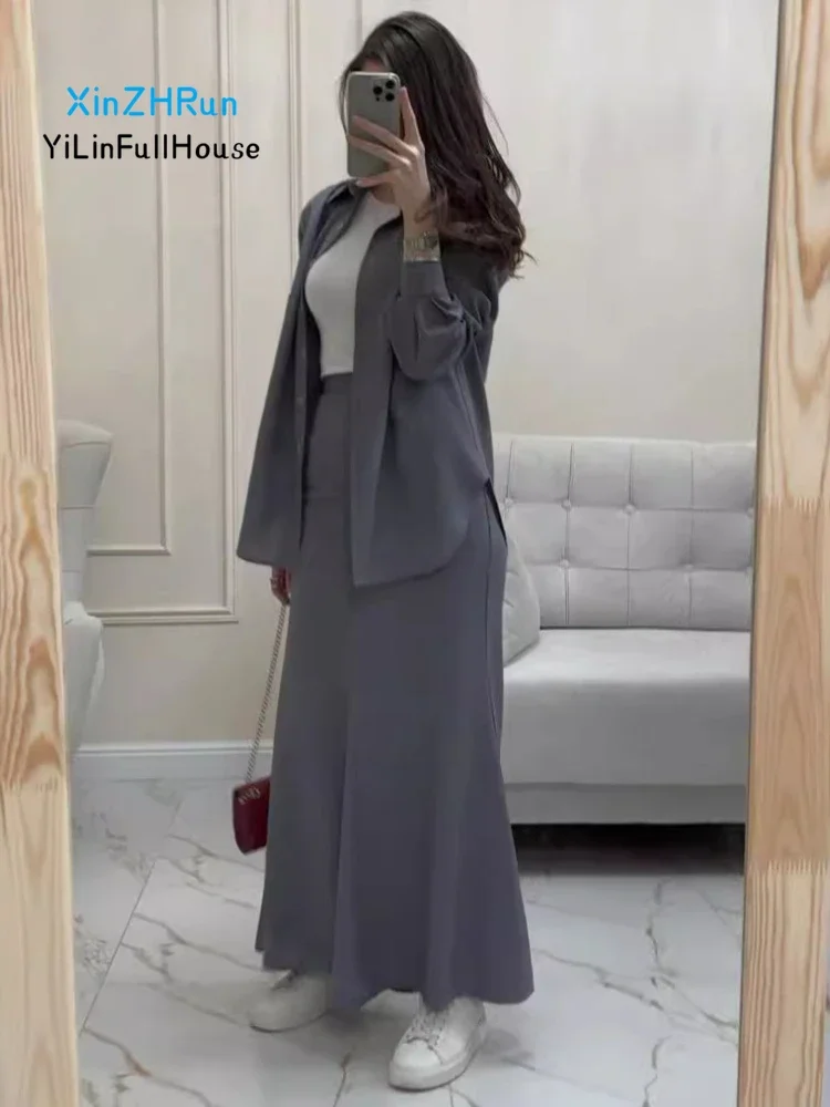 2024New Womens Lapel Single Breasted  Casual Loose Long Sleeved Shirt Top Temperament Slim Fit Elastic Waist Long Skirt Thin Set