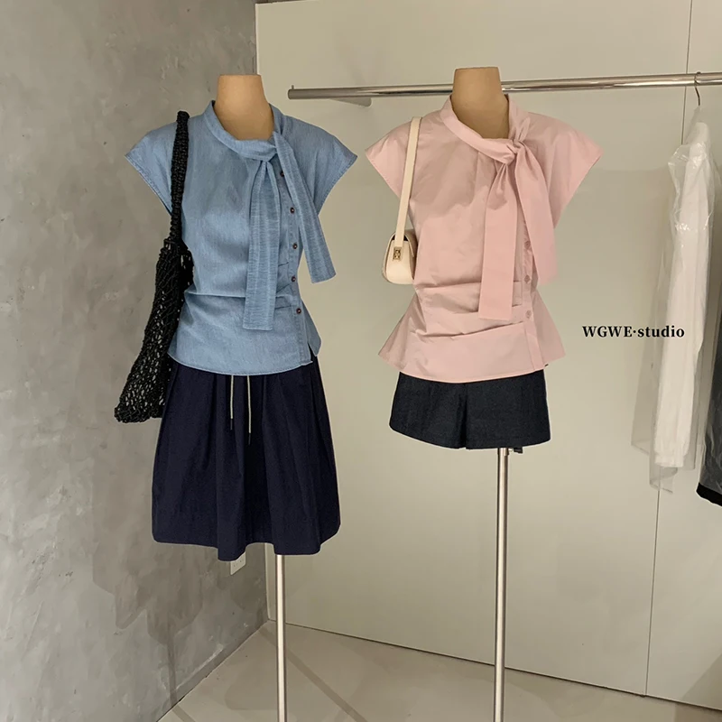 

Retro Asymmetrical Striped ort Sve irt Design Sense Belted Waist Slimming Top Women's Faion Spring 2026 Regular Fit