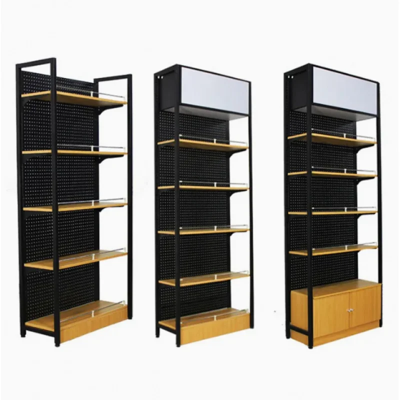 حامل عرض جداري معدني من جانب واحد مخصص رف سوبر ماركت من الخشب والفولاذ