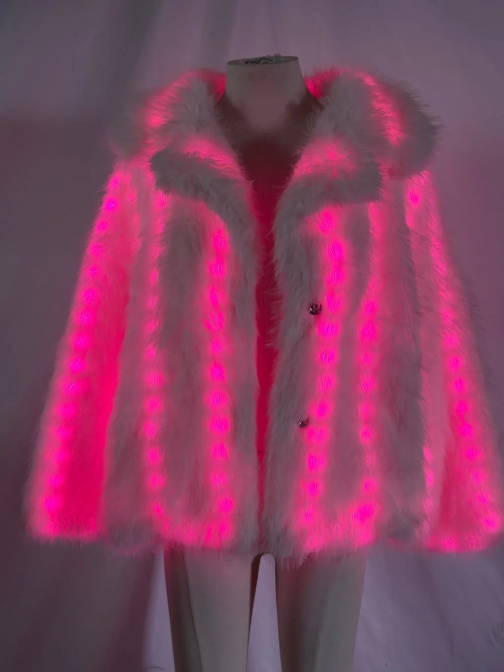 Luxury LED Faux Fur Jacket for Women, Multi-Color Illuminated Hooded Fur Coat, Remote Controlled Light Up Winter Outerwear for F
