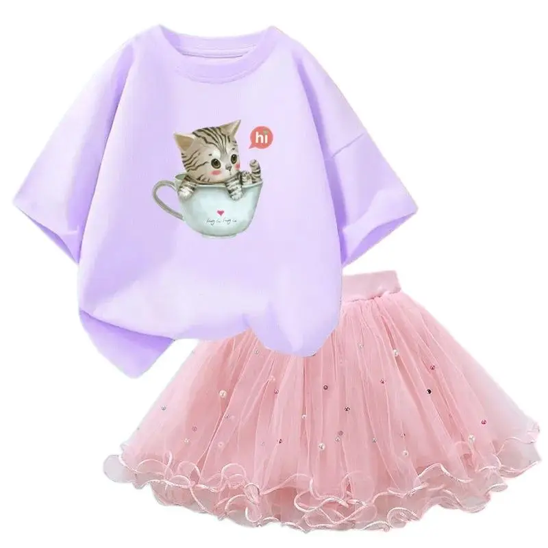 Baby Girls Tutu Outfits Cute Pet Cat Print T-shirt and Fluffy Tulle skirt Set for Princess Children Party Birthday Clothing