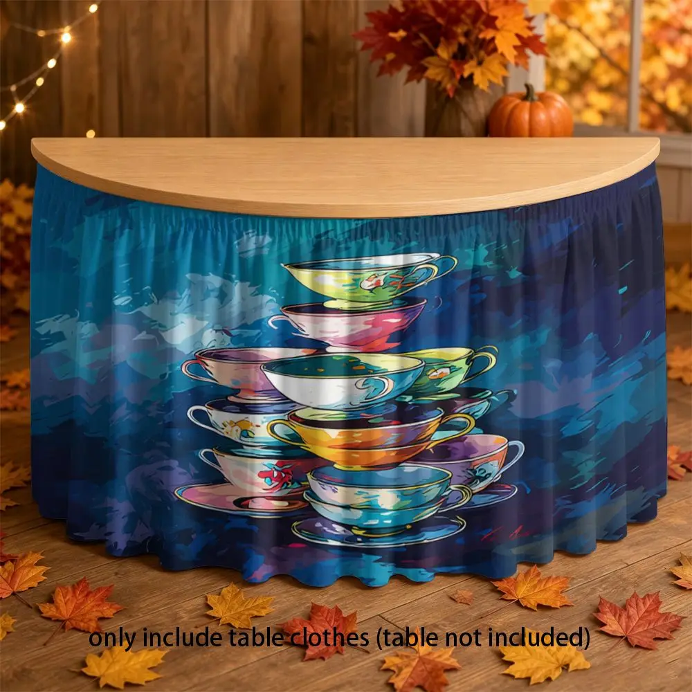 Retro-style 2D table skirt, featuring colorful stacked cup pattern and elasticized hem design.