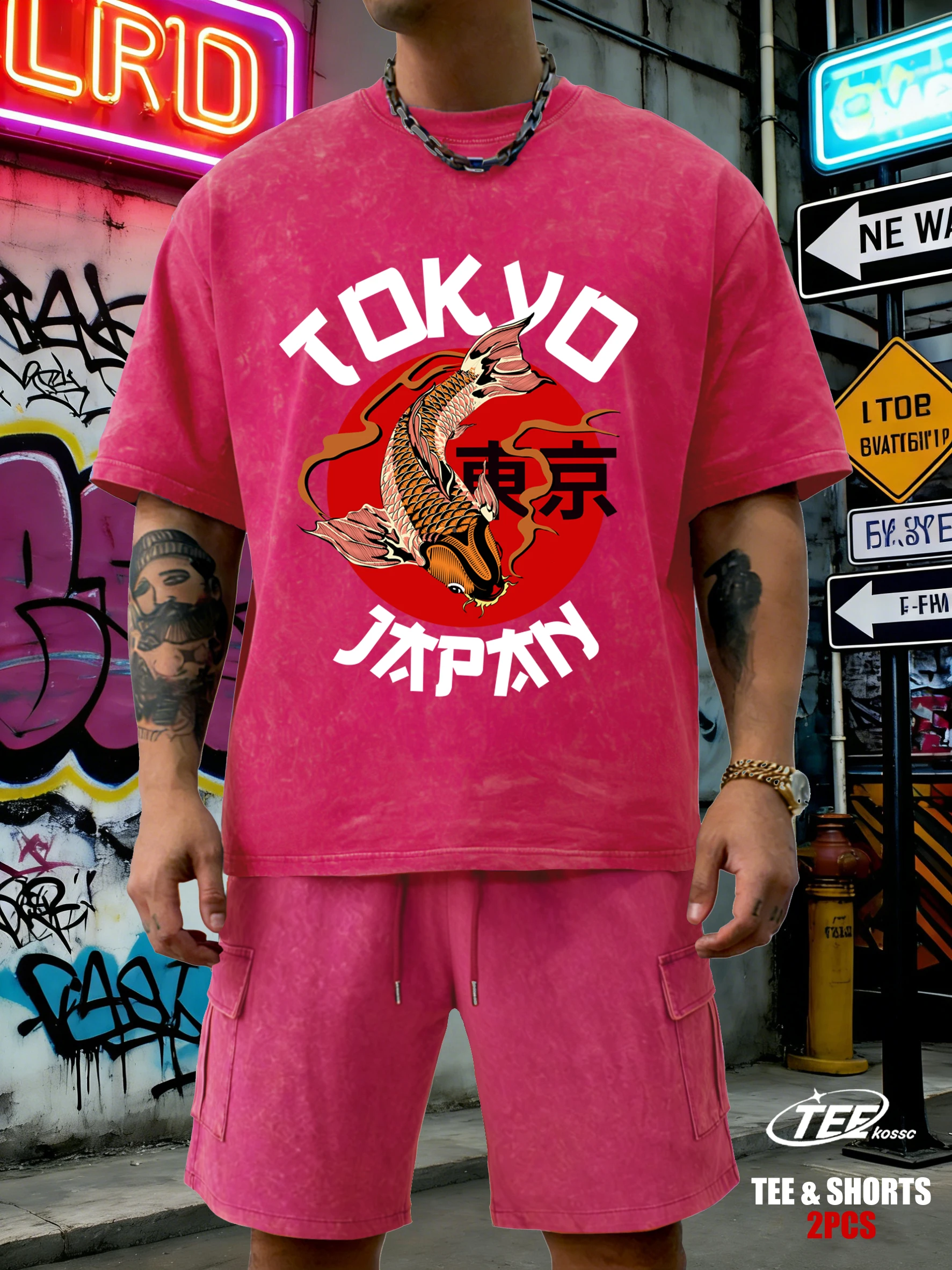 

Harajuku Tokyo Japan Koi Fish Prints Men T-Shirts Summer Street T-Shirt Casual Loose Clothes Soft Cotton Male Washed Tops Suit