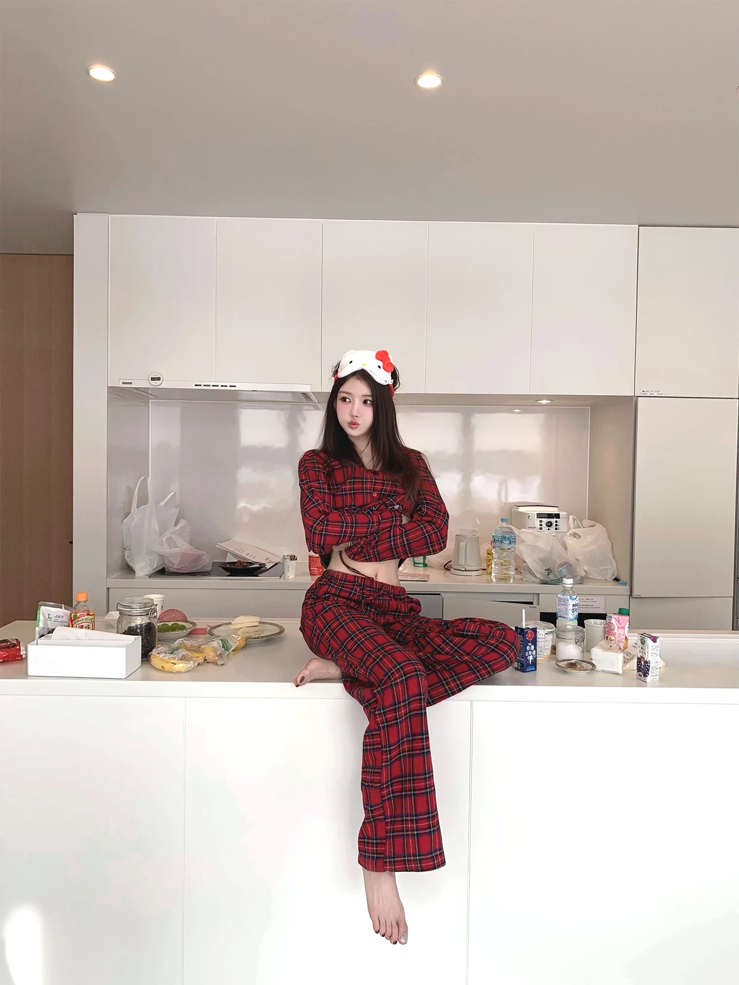 

Bigking Red Diffusion Vintage Lazy Plaid irt Casual Pants Home Clothes Set Breathable Cotton Long Sve Women's Top