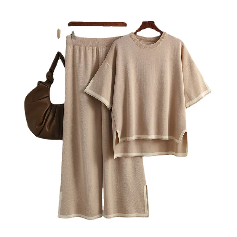 

New fashion suit temperament split short-sleeved wide-leg pants trousers two-piece set 1010
