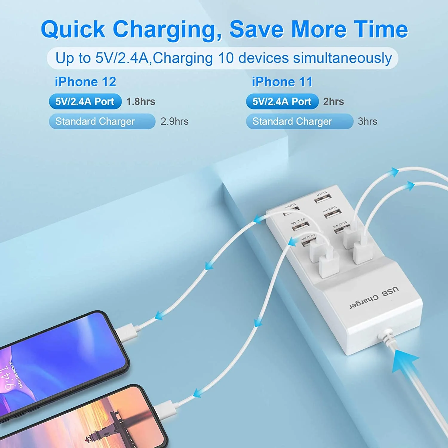 USB Charger 10-Port USB Charging Station for Multi Devices 50W USB Hub Adapter for iPhone Samsung Xiaomi Huawei Extension Socket