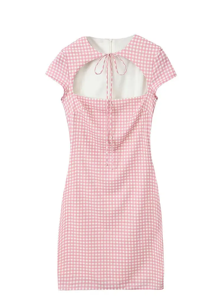 فستان نسائي صيفي جديد أنيق وردي حلو بأكمام قصيرة من HH فستان نسائي منقوش بفيونكة وأربطة فساتين قصيرة أنيقة من Vestidos Mujer