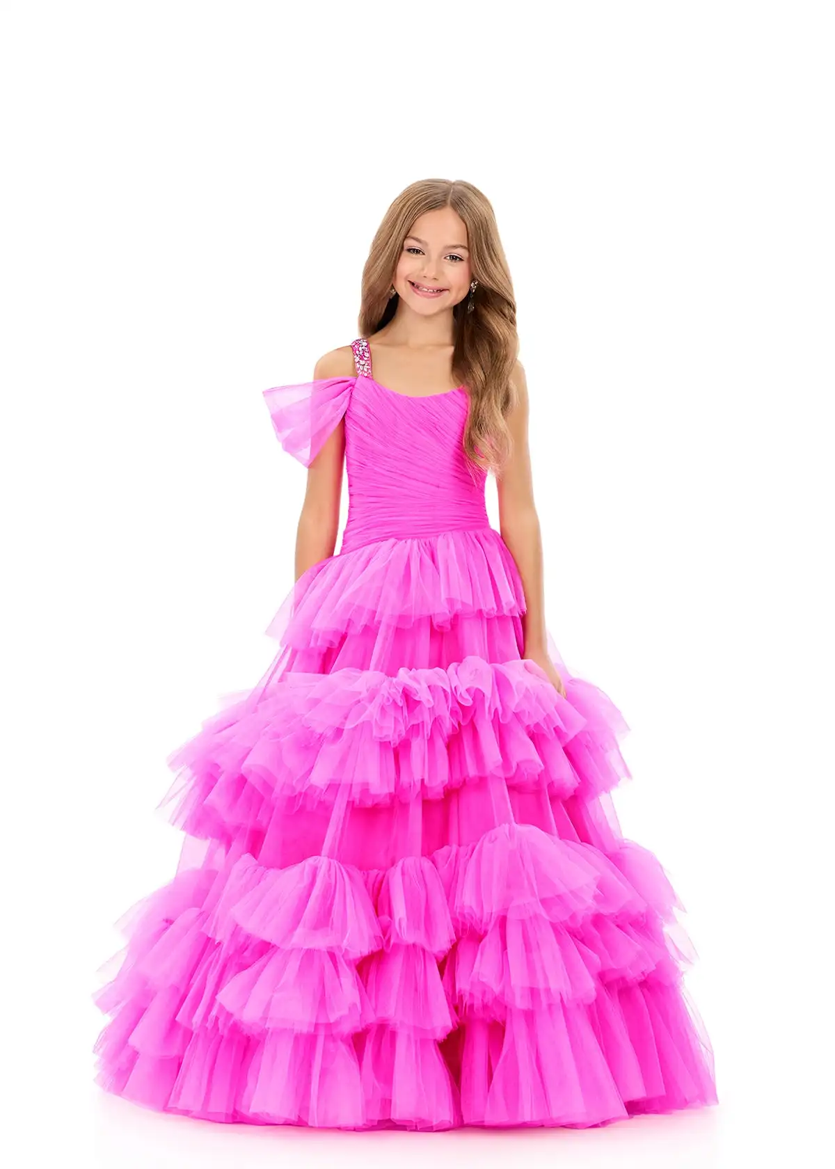Cswdocy Flutter Shoulder Pageant Dress Multi Tiered Ruffle Tulle Flower Girl Dress For Wedding Pageant Photoshoot Stage Formal
