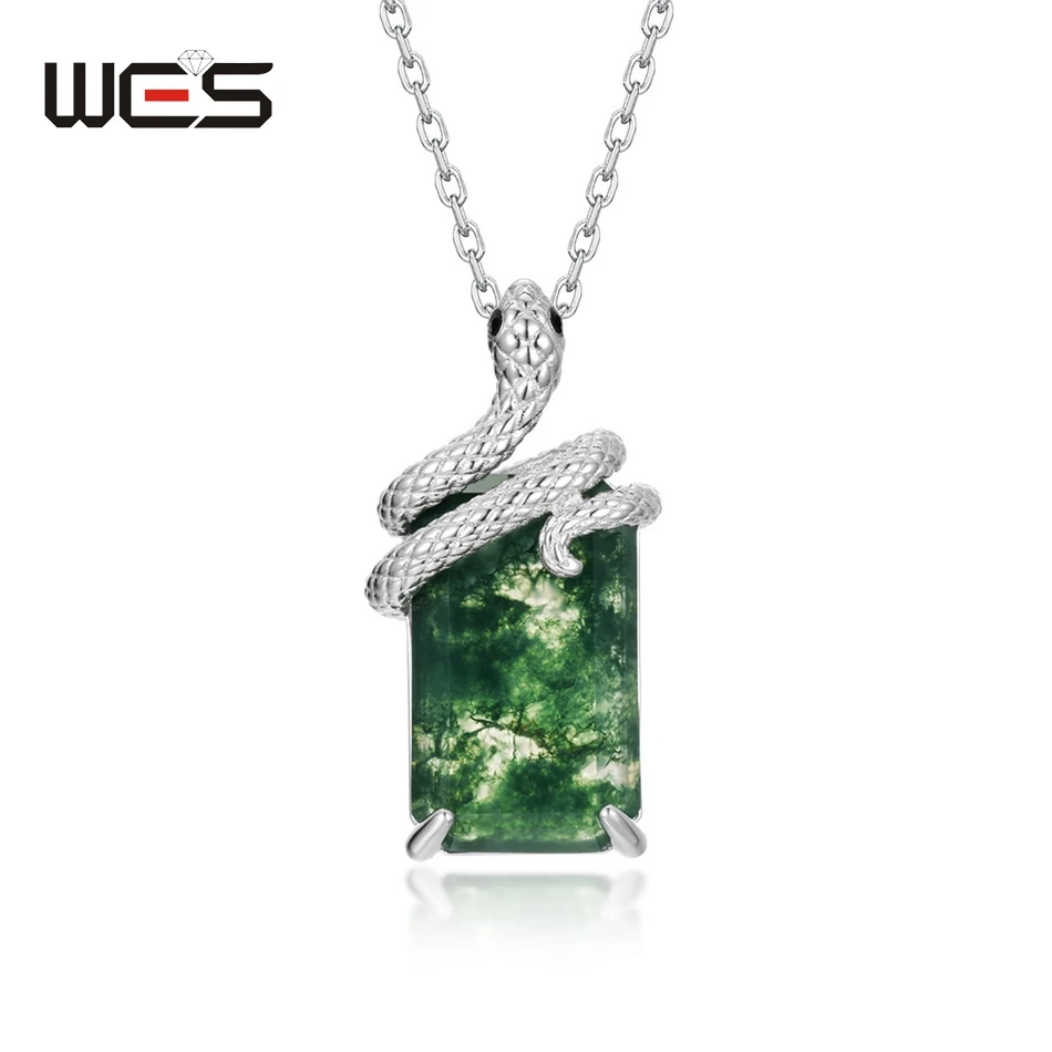 

WES 100% 925 Silver Snake Natural 8*13mm Moss Agate Pendant Necklace for Women Engagement Animal Forest Jewelry Gift Wholesale
