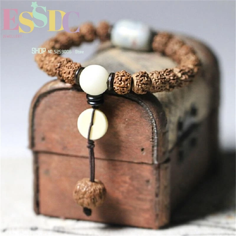 7*9mm Natural Rudraksha Beads Bracelet Fashion Men Women's Single Circle  with Beautiful Shoushan Stone Charm Wholesale