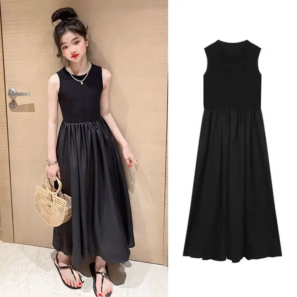 

Элегантное платье принцессы без рукавов для девочек, свободное милое праздничное платье для подростков, элегантное детское черное летнее платье