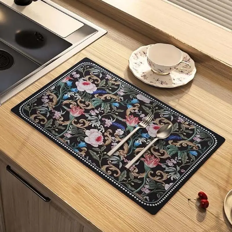 VIKAMA Vintage Baroque Floral Bowl Plate Drainer Mat Absorbent Heat Resistant Quick Dry Kitchen Countertop Mat Home Decor