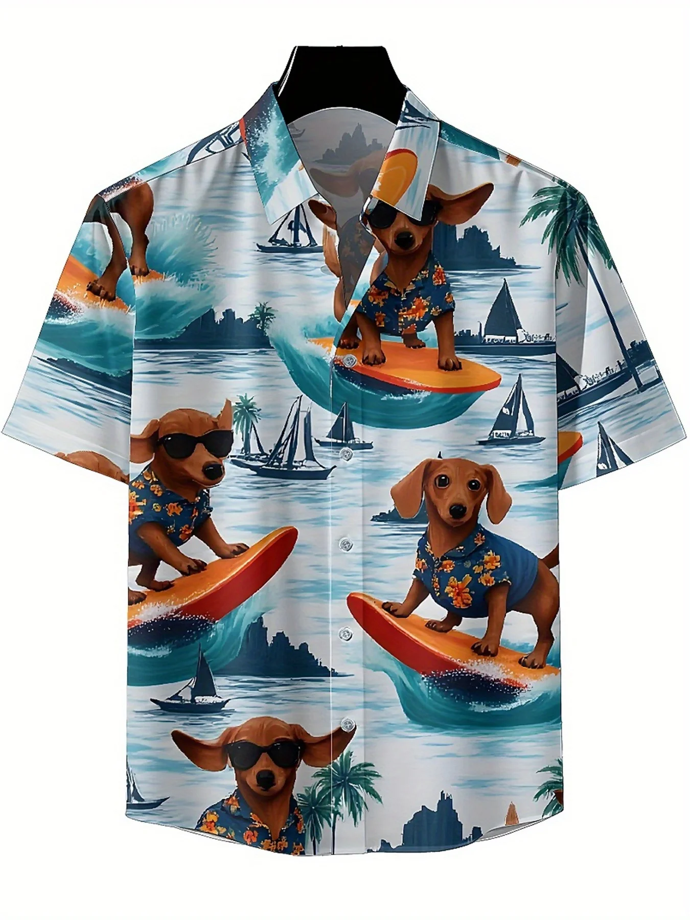 Men's Plus Size Hawaiian Shirts Tropical Surfing Dogs Pattern, Button Up Shirts, Unisex Casual Clothing, Summer Tops