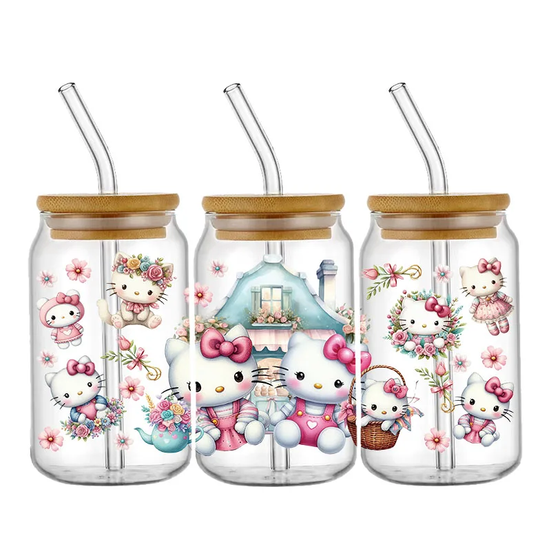 Sanrio Hello Kitty Stitch dengan teman untuk Libbey 16oz dapat kaca 3D tahan air UV DTF kopi dapat membungkus Libbey kaca bungkus