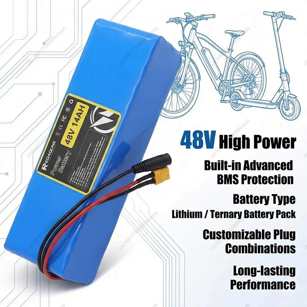

Литиевая аккумуляторная батарея 48В 14Ач для электросамоката, электровелосипеда, встроенный BMS 20А, для двигателей 200-500Вт, для велосипедов и трайков, перезаряжаемая литий-ионная