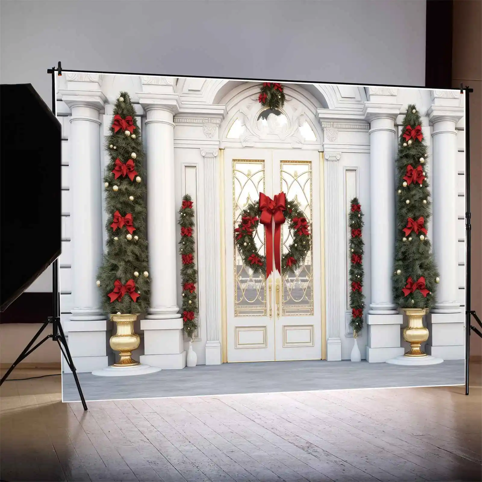 MOON.QG-Fondo de fotografía, porche de Navidad, corona de lazo rojo, Fondo de foto de árbol, puerta de pared de mármol, decoraciones de estudio para el hogar